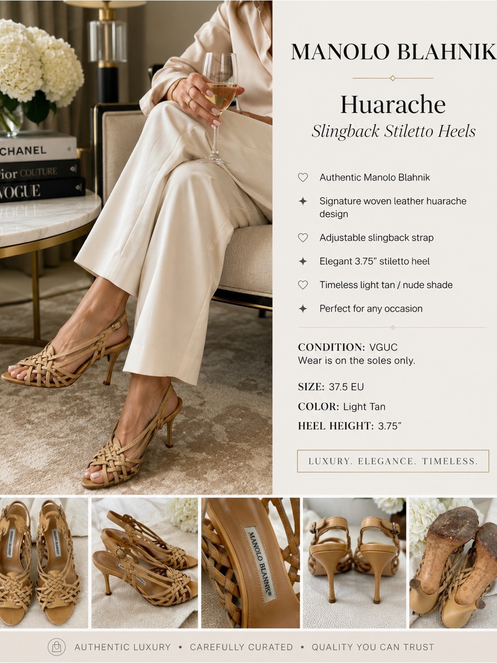 Manolo Blahnik Tan Woven Leather Slingback Stiletto Heels EU 37.5 Huarache